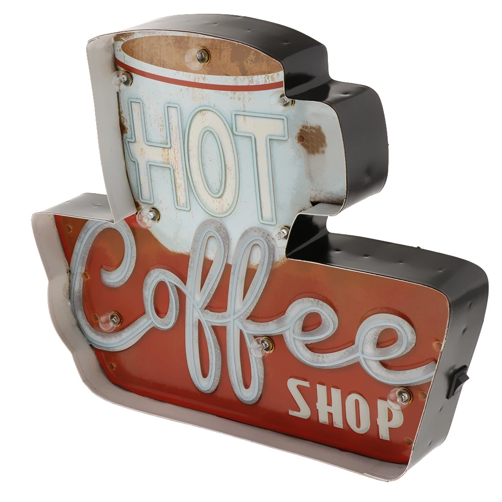 Various Vintage LED Lights Retro Metal Signs Coffee Shop Cafe Wall Decor 