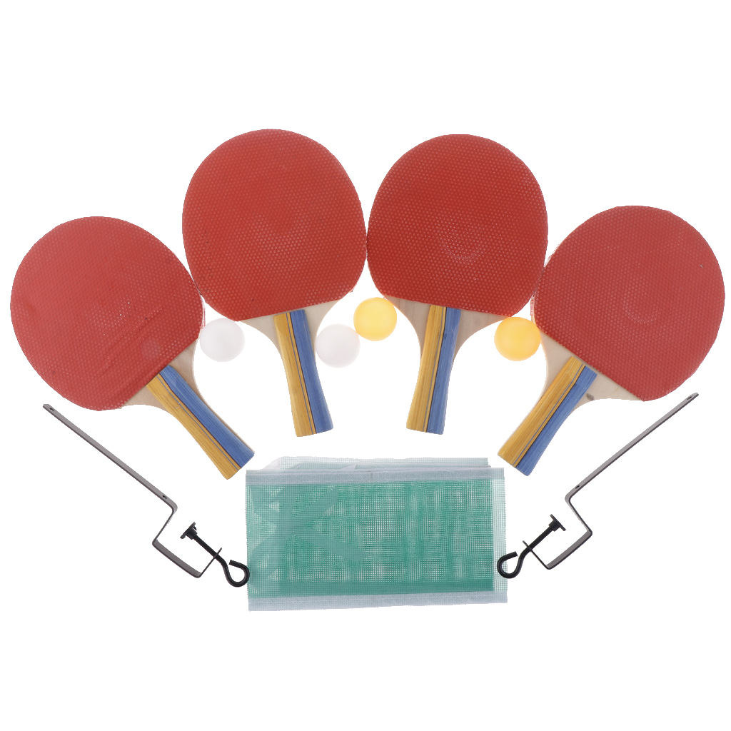 4pcs Table Tennis  Pong Racket White/Colorful Handle Bat Balls Net Set