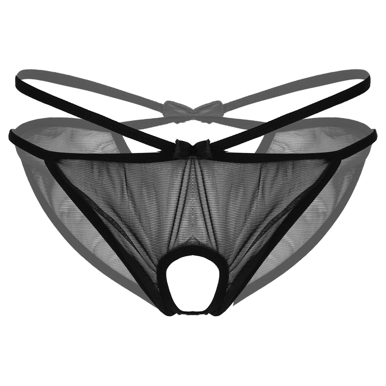 Womens Lingerie See-through Mesh Crotchless Briefs Low Waist Underpants Cut Out Back Bowknot Panties Elastic Waistband Underwear