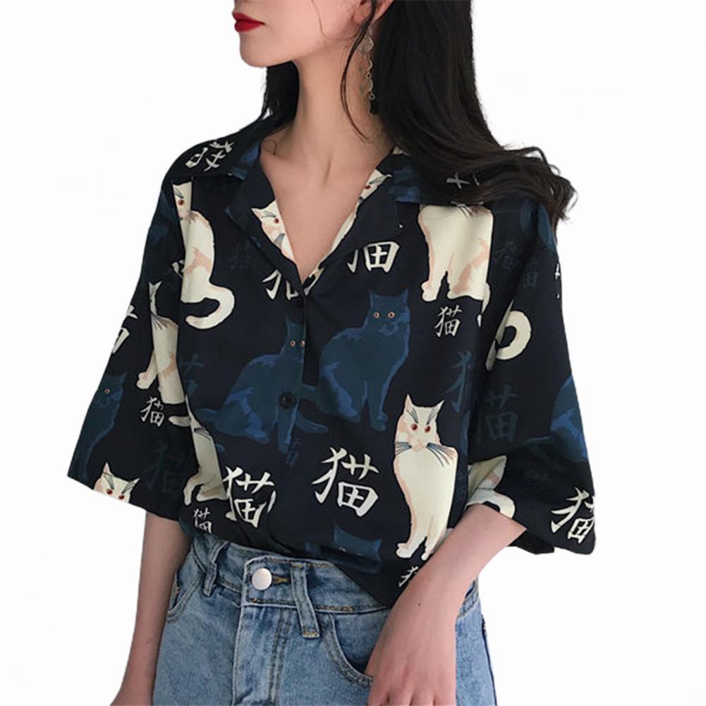 2021 New Plus Size Turn-down Collar Blouse Shirt Shirt Printed