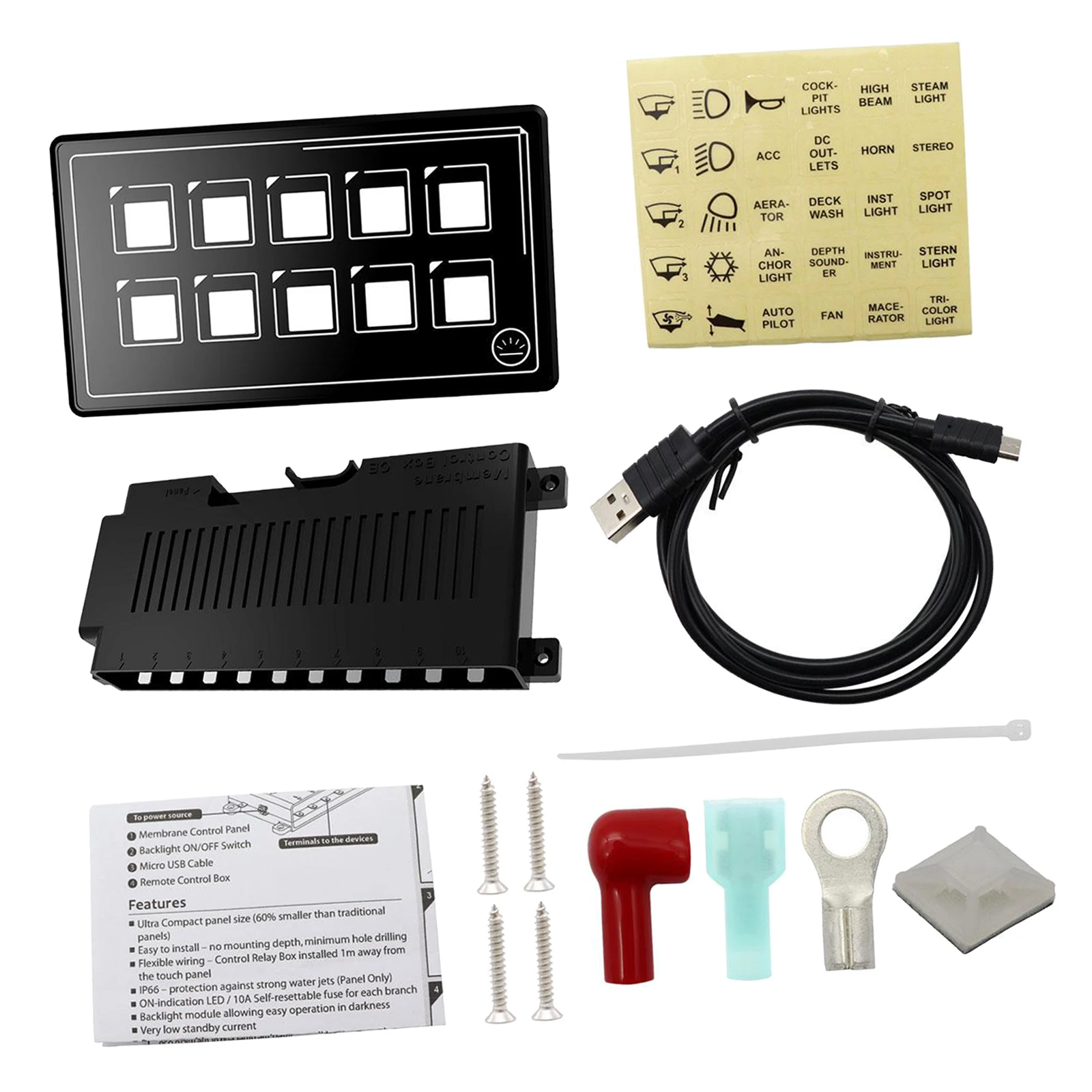 10P Membrane Control Switch Panel w/Backlight Built-in PPTC APP Control Waterproof Universal for Car Boat Truck Marine