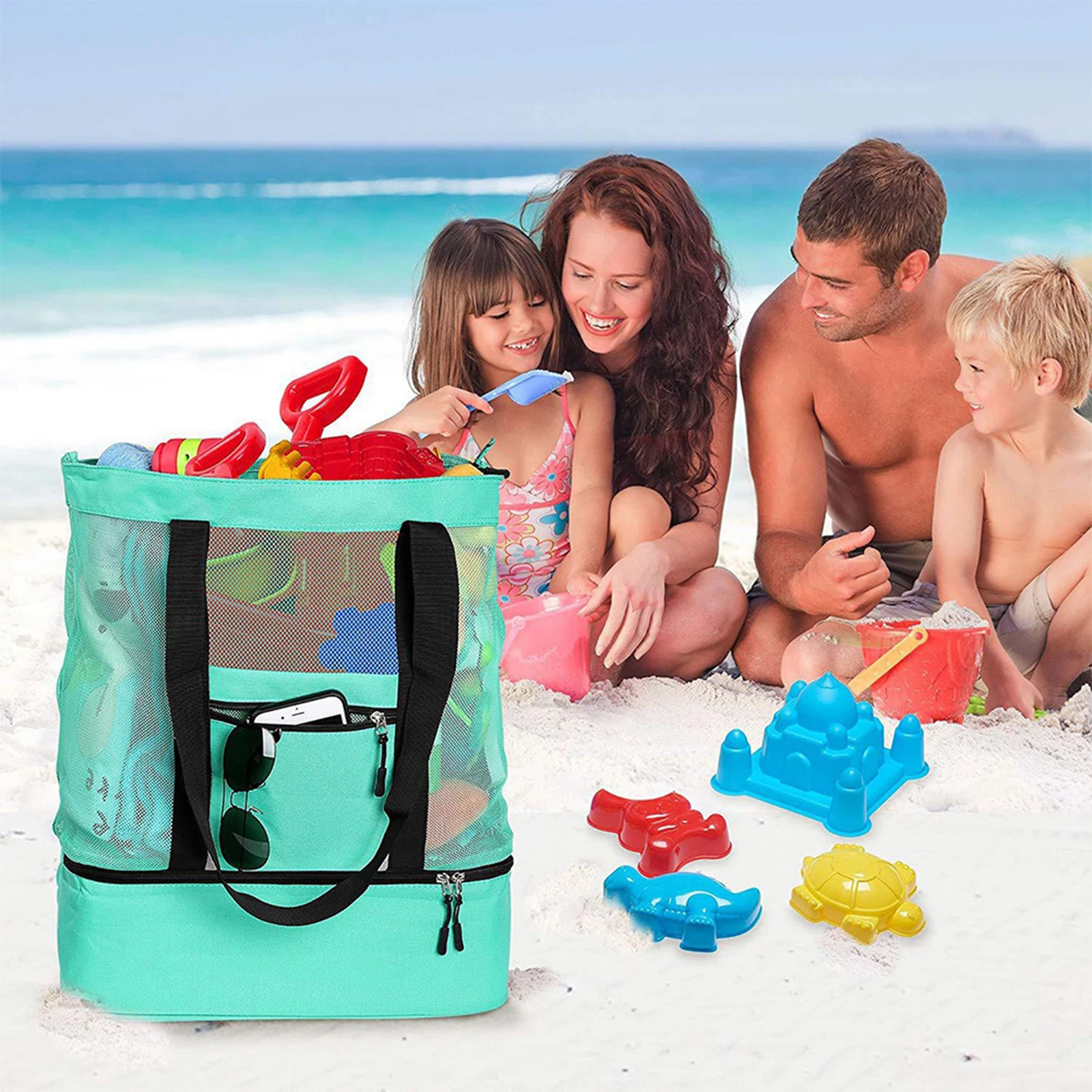 Mesh Bag Beach Picnic Tote Bag Storage Pockets Cooler Backpack Bag Organizer