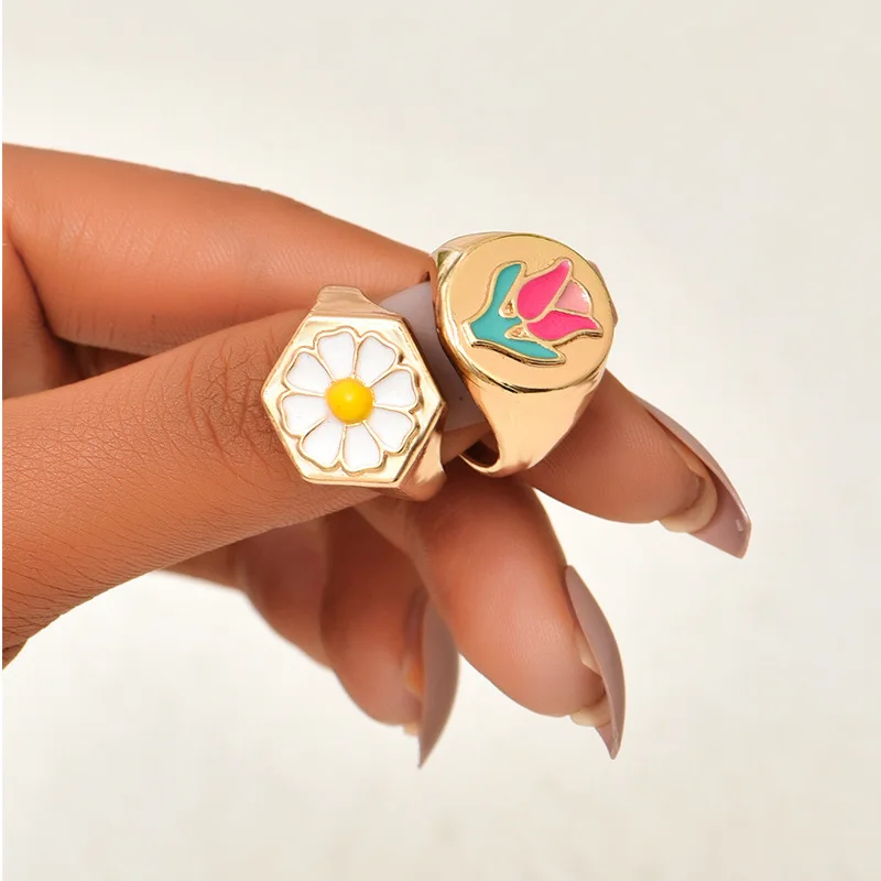 Милые кольца в форме цветка капельного масла для женщин и девушек, модные  ювелирные изделия золотого цвета для вечеринок, подарки | AliExpress