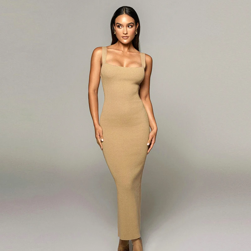 Y2K Maxi Dress Women Solid Color Sleeveless Square Neck Ribbed Knit Bodycon Dress Casual Sexy Elegant Dresses Female Summer Fall maternity dresses