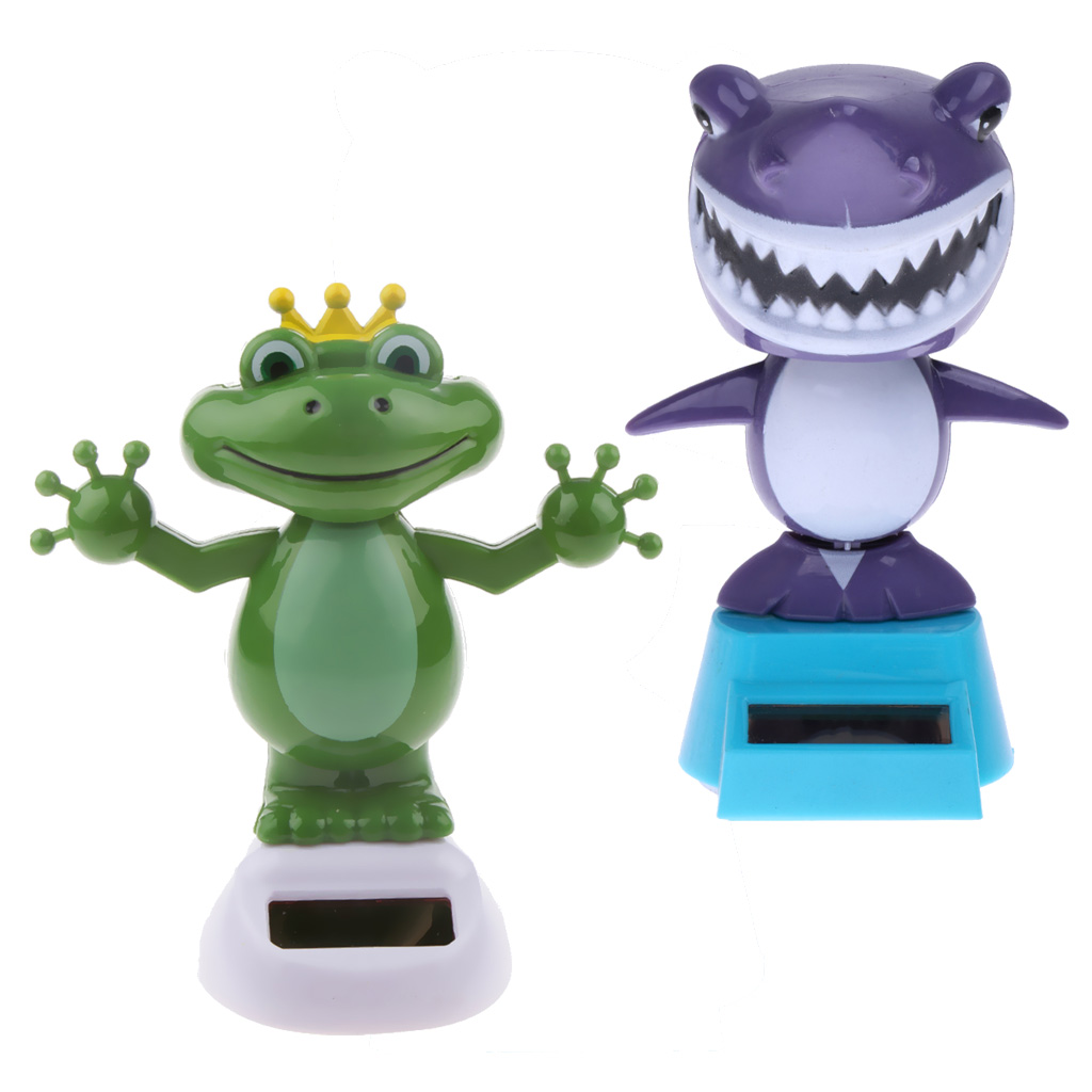 2Pcs Solar Powered Solar Powered Toy Bobble Head Toy Auto Car Home Ornaments Frog + Shark