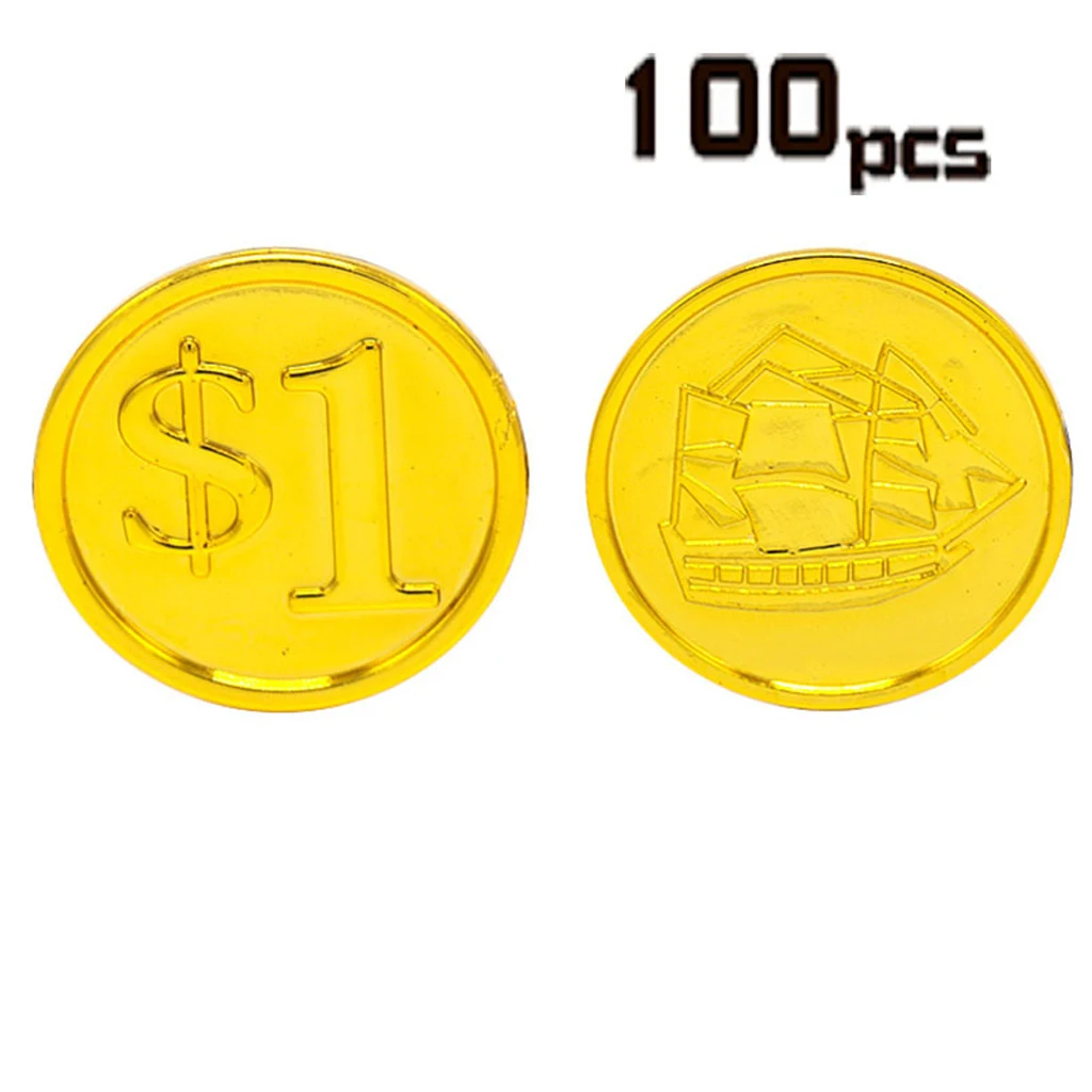 100x Plastic Gold Coins Pirate Treasure Play Money Kids Birthday Party Favor