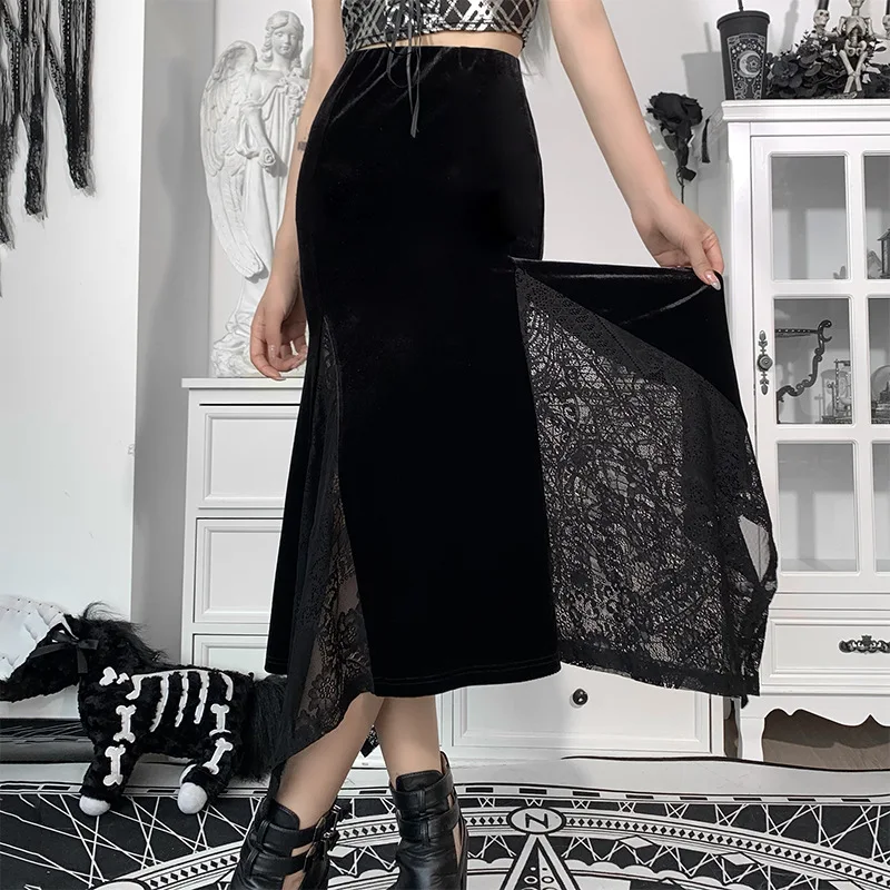 Vintage Lace Patchwork Velvet Skirt Y2K Aesthetic Gothic Black High Wait Long Skirt E-girl Harajuku Streetwear Women Clothes