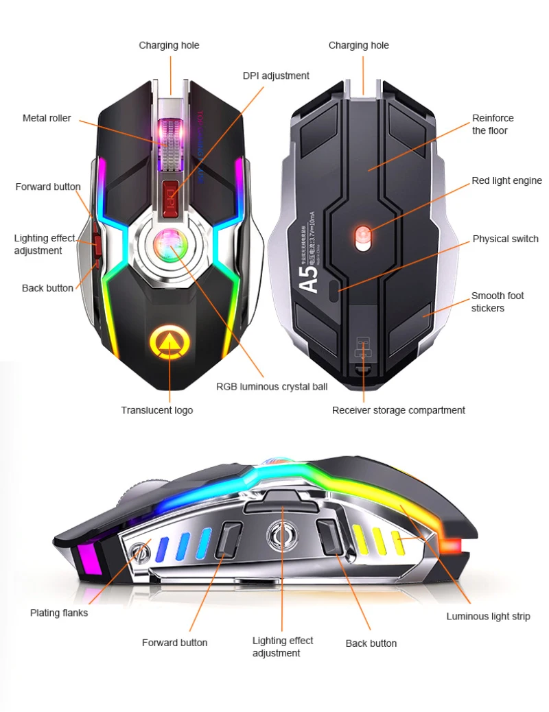 small computer mouse Matte A5 RGB Streamer Mouse Mini Wireless Mouse Gaming Silent Laser Optical 2.4GHz Game USB Rechargeable Laptop Ergonomic Design silent wireless mouse