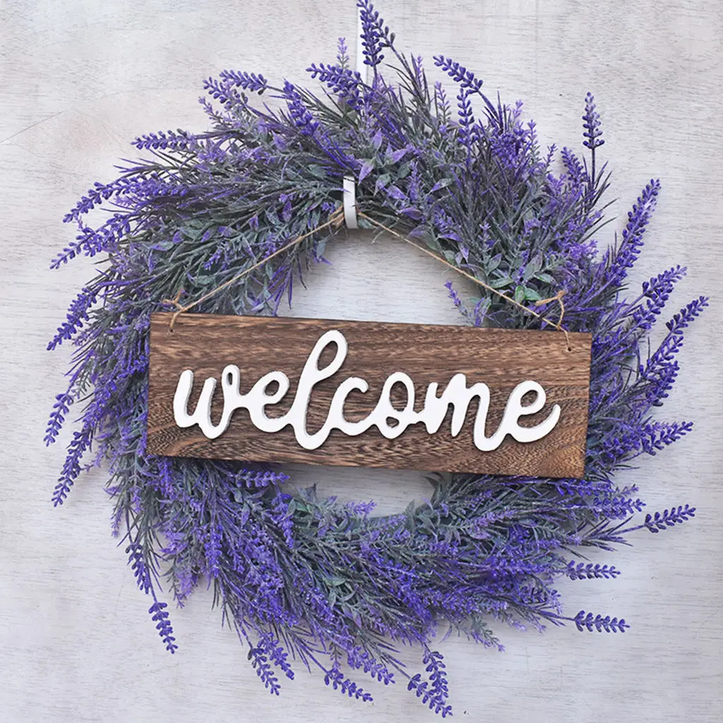 Artificial Lavender Wreath, Wall Hanging Round Lavender Flower Wreath Welcome Sign for The Front Door Party Wedding Decoration