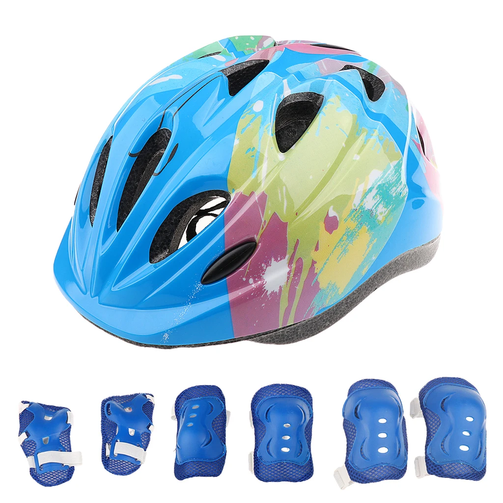 Perfeclan 7 Pieces Kid Child Roller Skating Bike Helmet Knee Wrist Guard Elbow Pad Set Roller Skate Helmet Protective Set