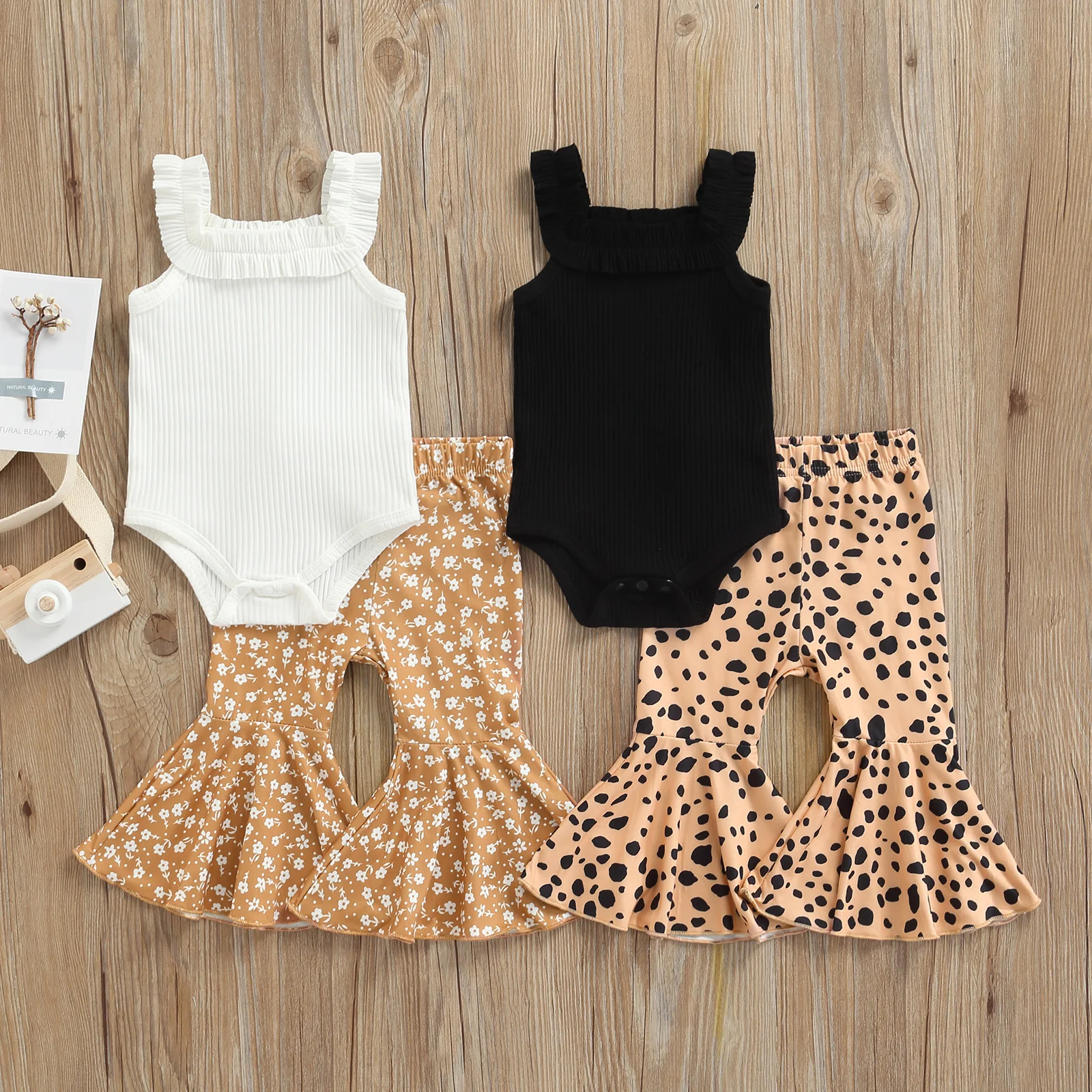 2022 0-18M Cute Baby Girl Clothing Set Ruffle White/Black Sleeveless Square Collar Romper+Floral/Leopard Flare Pants Summer 2pcs Baby Clothing Set comfotable