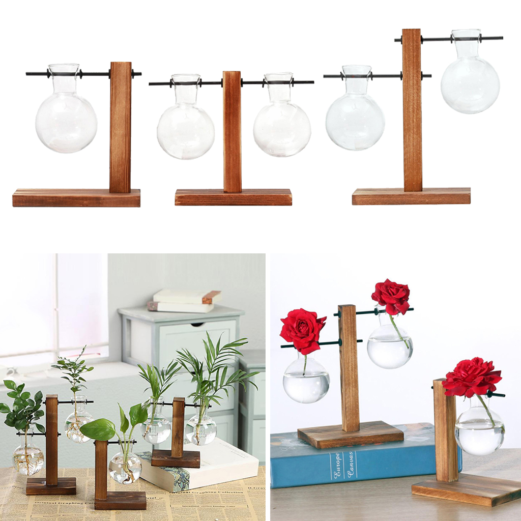 Desktop Plant Terrarium Glass Planter Bulb Vase Retro Wooden Stand Home Decor