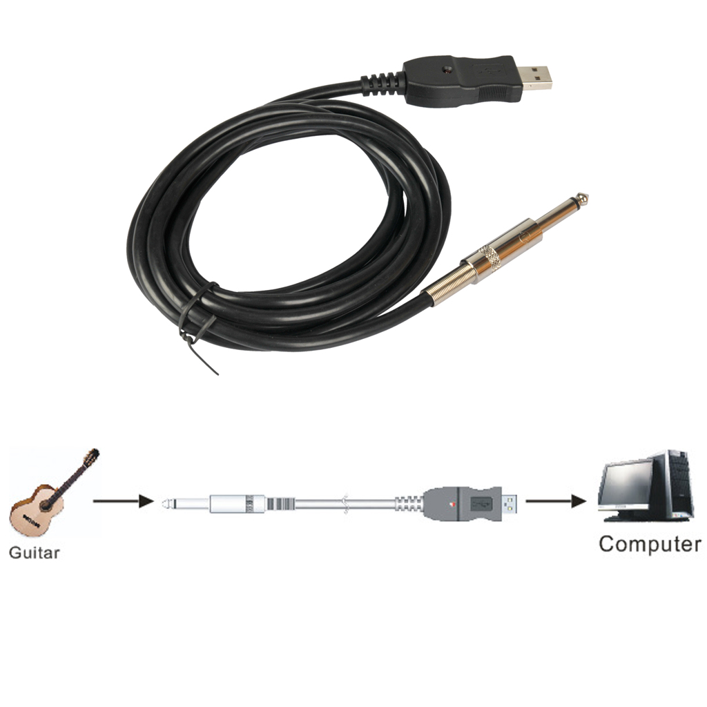 300cm Guitar Bass 1/4'' 6.3mm Jack To USB Connection Instrument Cable Adapter
