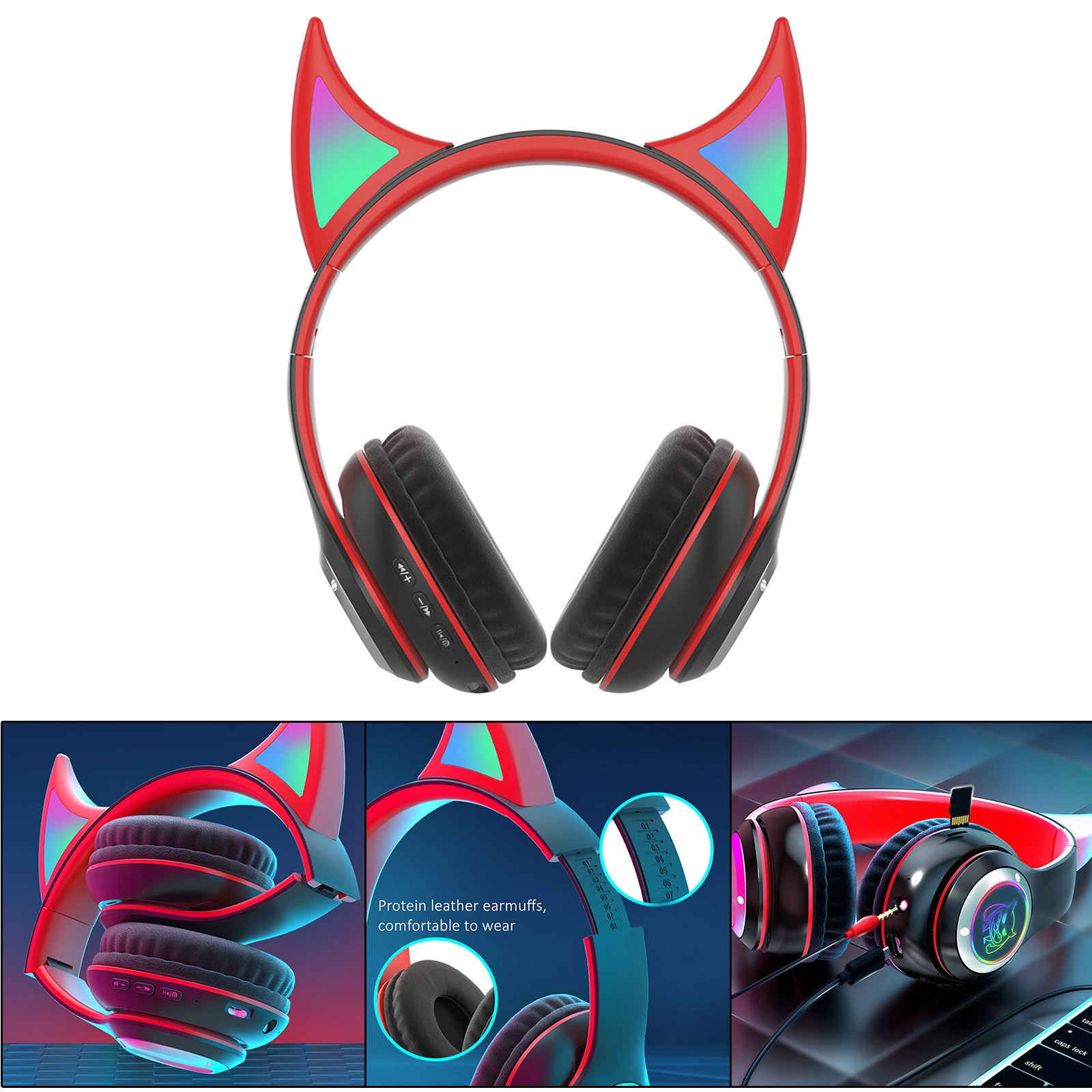 Wireless Headset Cute RGB Light Unique Bluetooth 5.0 Little Devil Gamer Headset for PC Computer Cell Phones Sport Kids Adults