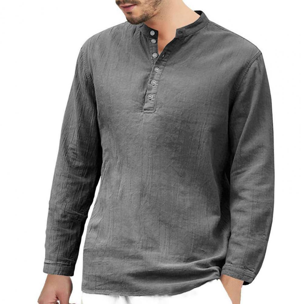 Men's Vikings Nordic Style Long-Sleeved Solid Color Cotton Linen Stand-Up Collar Shirts