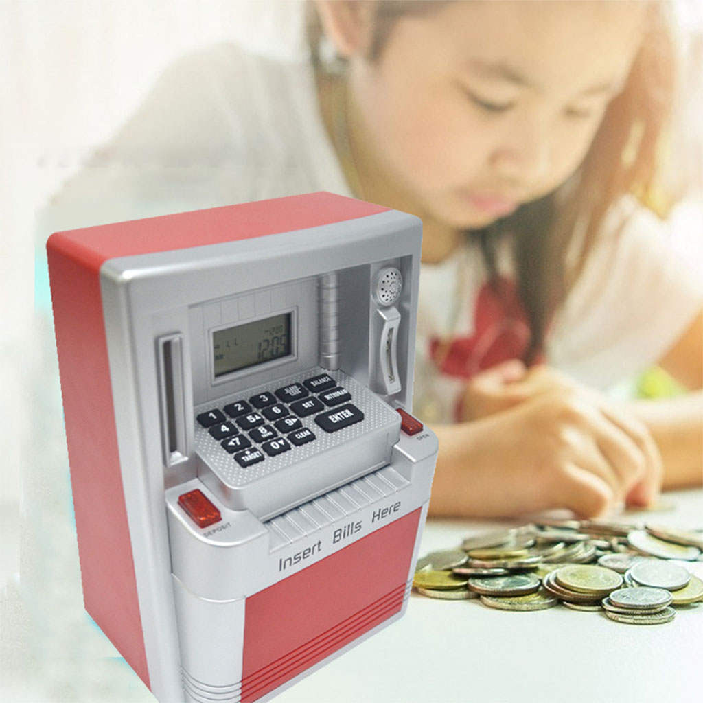 Automatic ATM Piggy Bank Timer and Clock with Alarm Clock Coin Cash Bank Machine Money Saver for Boys Girls Children Xmas Gifts