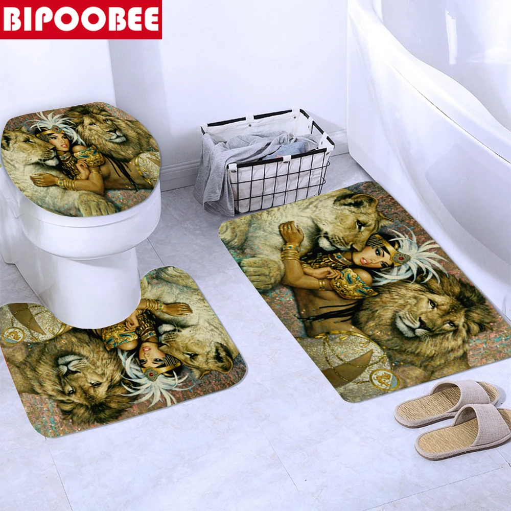 Details about   African Queen Lion Shower Curtain Anti-skid Bath Rugs Carpet Toilet LidCover Mat 