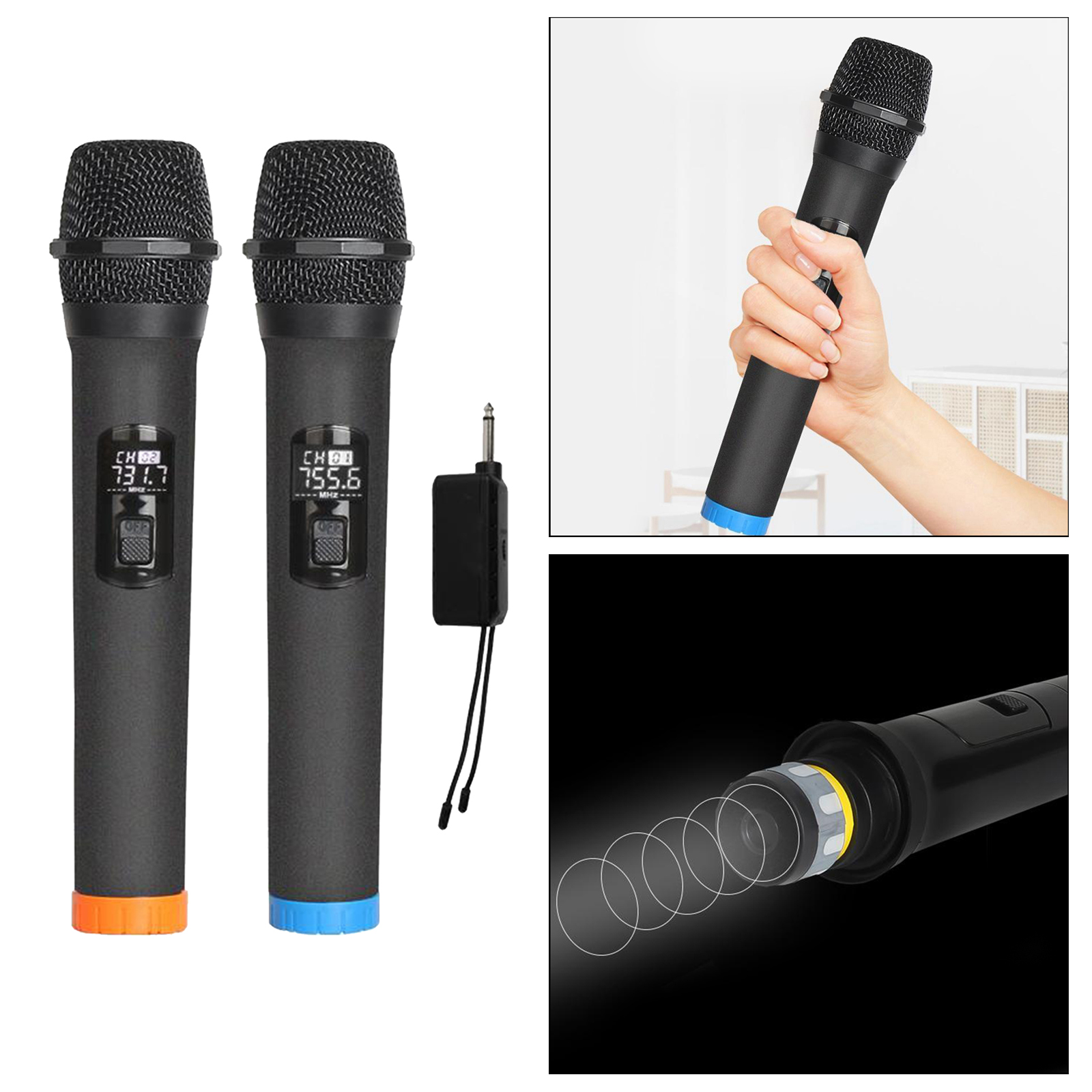 Black Handheld Wireless 2pcs Microphones 2channel VHF Cordless Microphone Professional Mic for Family Party Church Meeting