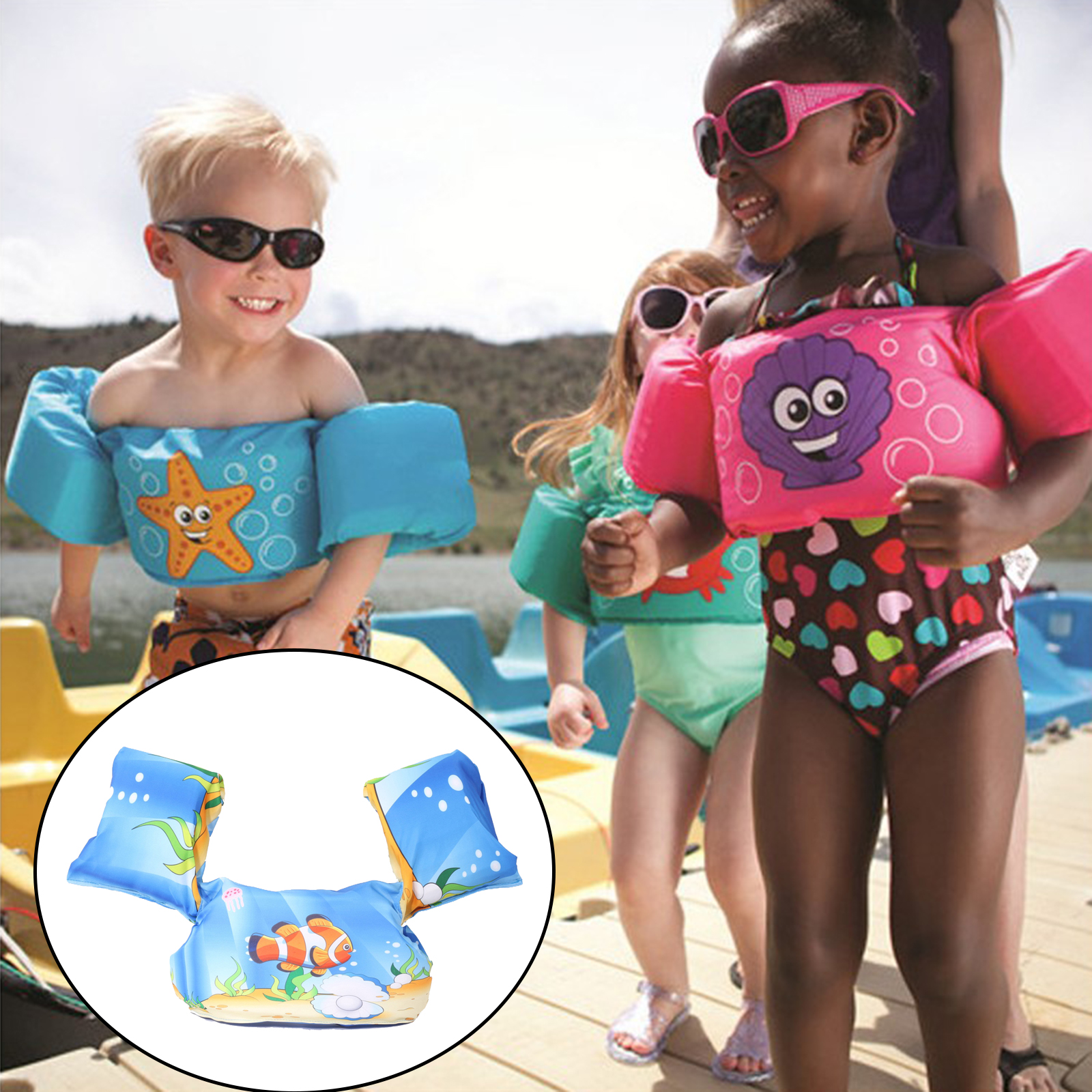 Cartoon Kids Swim Vest with Shoulder Harness Arm for 10-30Kg Toddler