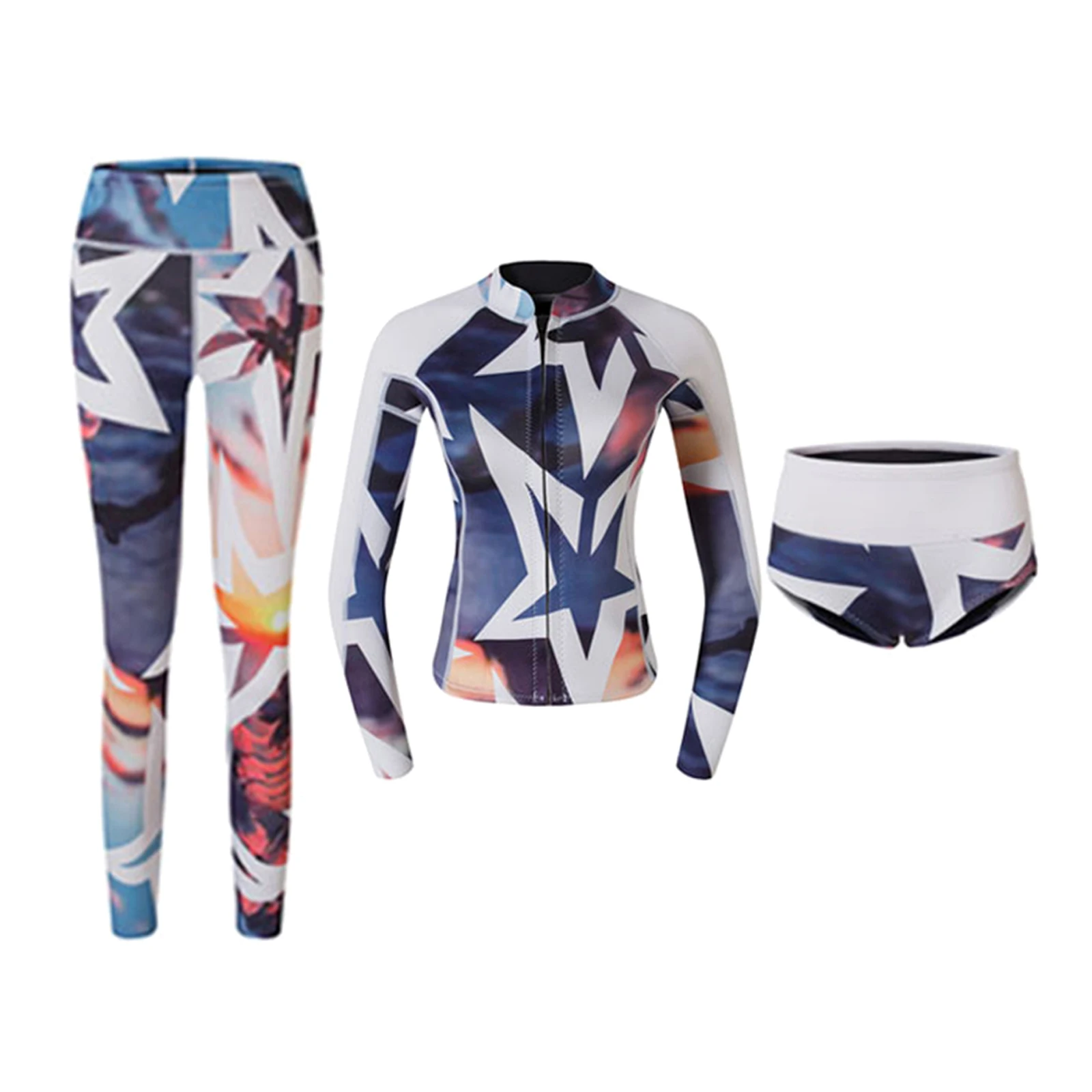 3pcs Women Wetsuit UPF50+ Long Sleeve Diving Beach Suit Front Zipper Shorts