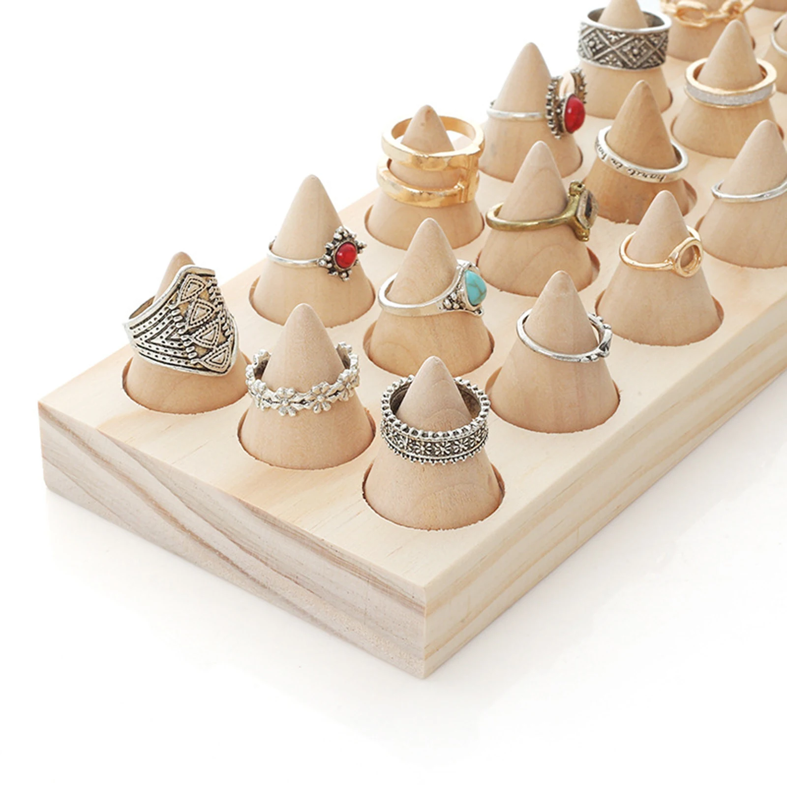 24 Fingers Natural Wood Rings Cone Shape Display Stands Showcase Drawer Storage Jewelry