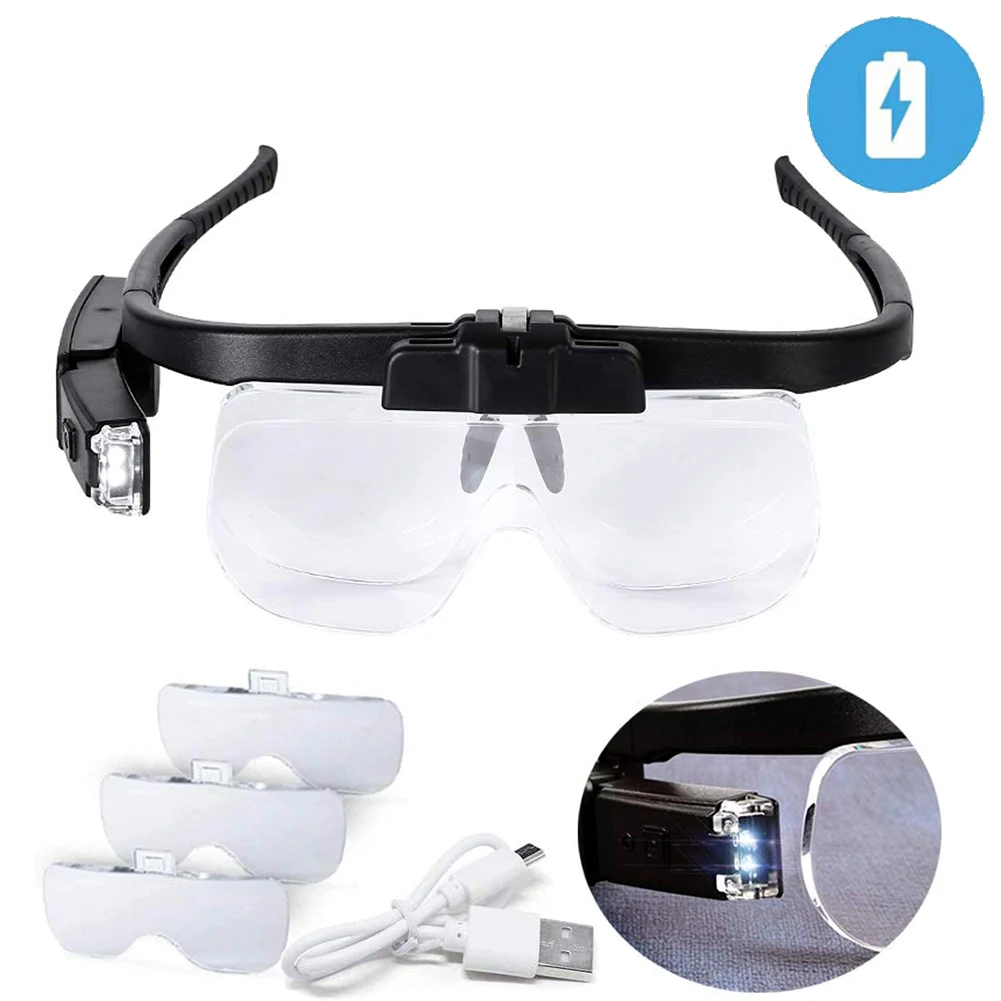 Head-mounted Mounted Magnifier LED Portable Durable Replaceable Lenses Glasses 