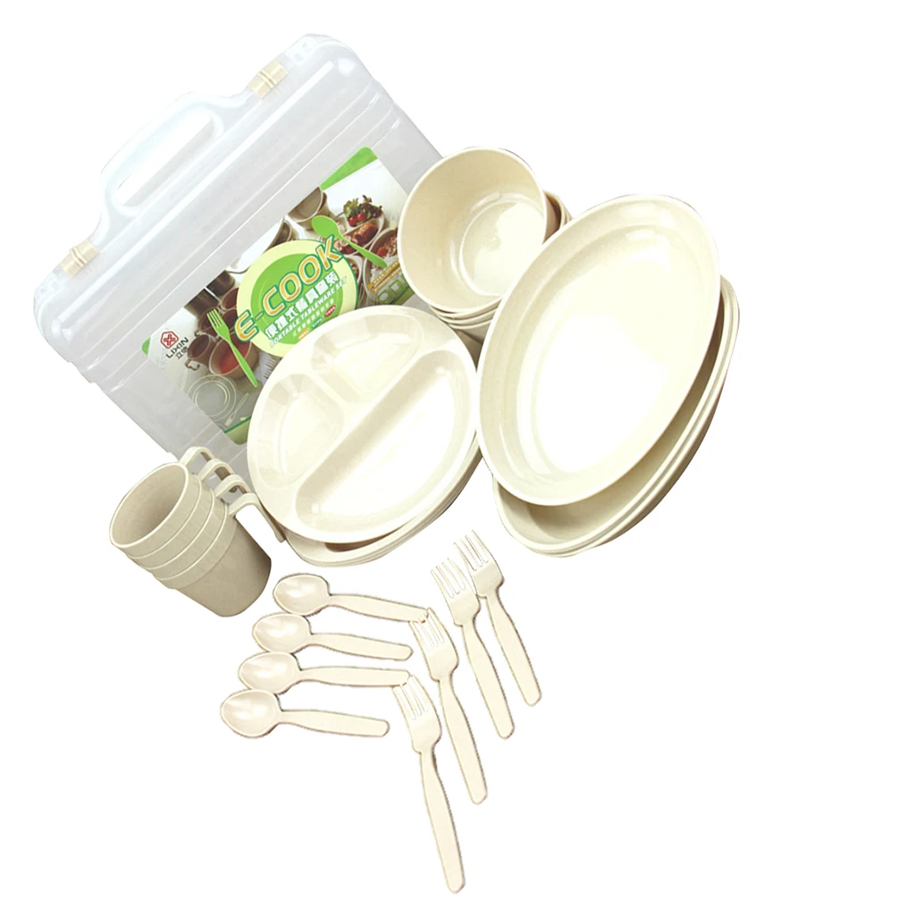 24pcs Food Grade PP Reusable Picnic Camping Tableware Set with Case Mugs Soup Bowls Spoons Plates Camping BBQ Cooking Supplies