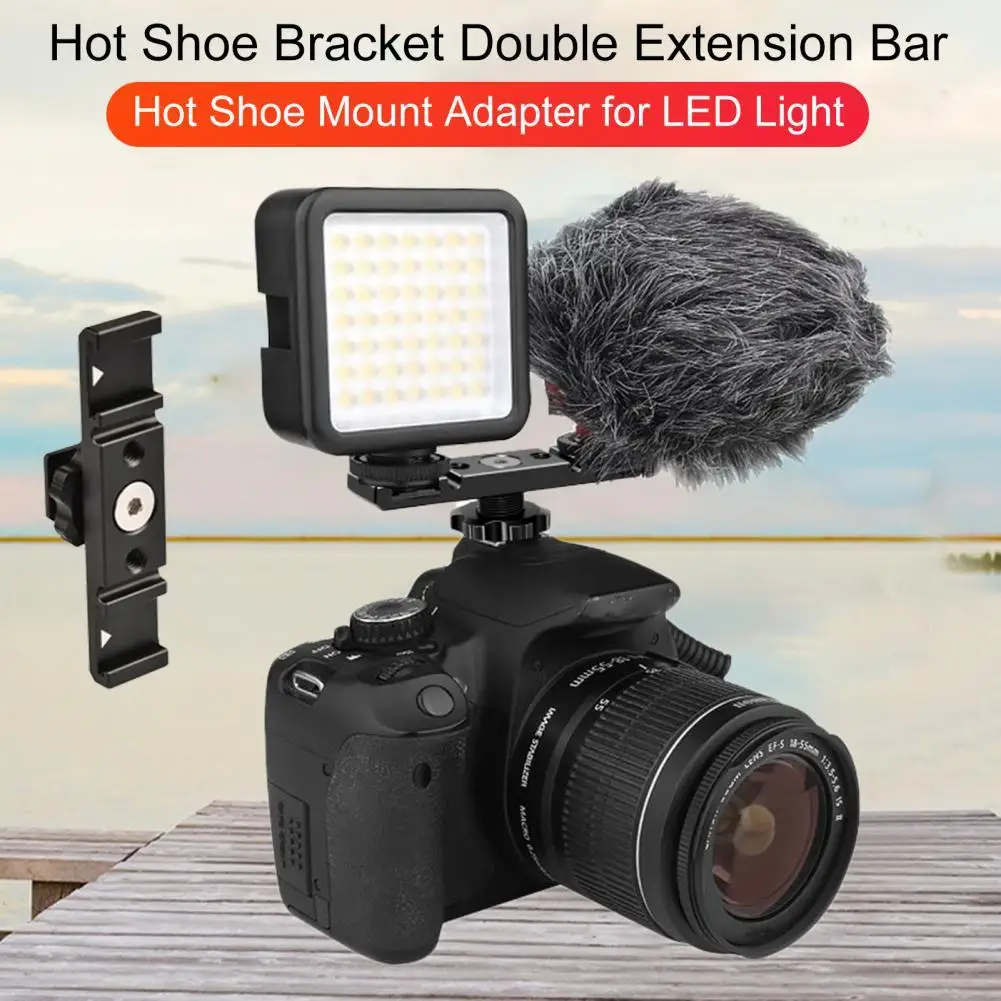 Double Hot Shoe Mount Extension Bar Dual Flash Bracket Holder Fr DSLR Camera Mic 