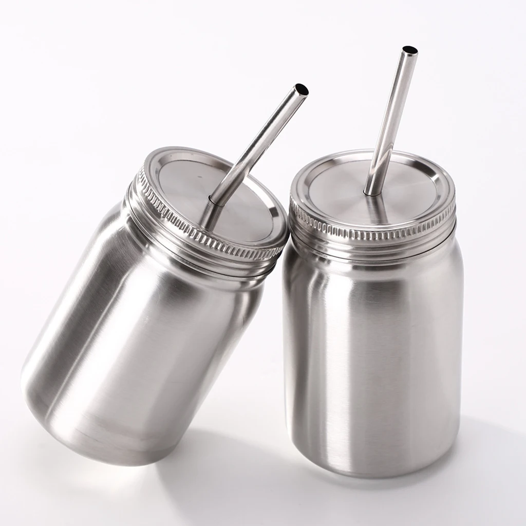 Stainless Steel Mason Jar Unbreakable Tumblers Dishwasher Safe Drinking Travel Mugs with Lids and Straws Silver