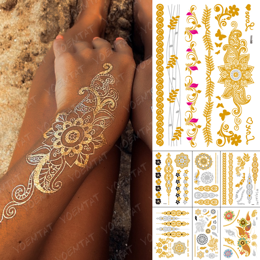 Best of Wholesale Waterproof Temporary Tattoo Sticker Flowers Mandala Henna Gold Silver Metallic Flash Tatoo Boho Lotus Glitter Body Art Reviews & Tips