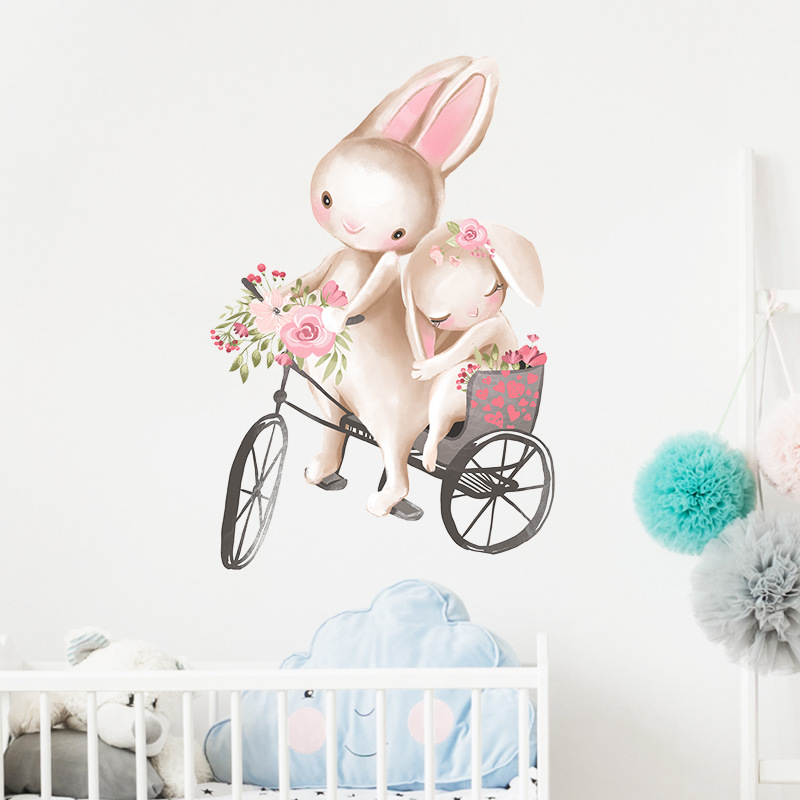 Cute Rabbit Cycling Couple Wall Stickers Children's Room Baby Room Decoration Stickers Girls Bedroom Wall Stickers
