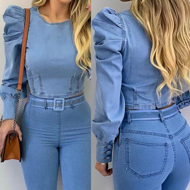 Blusa de mezclilla falsa para mujer, Blusa de manga larga de princesa,  cuello redondo, Color sólido, primavera y otoño - AliExpress