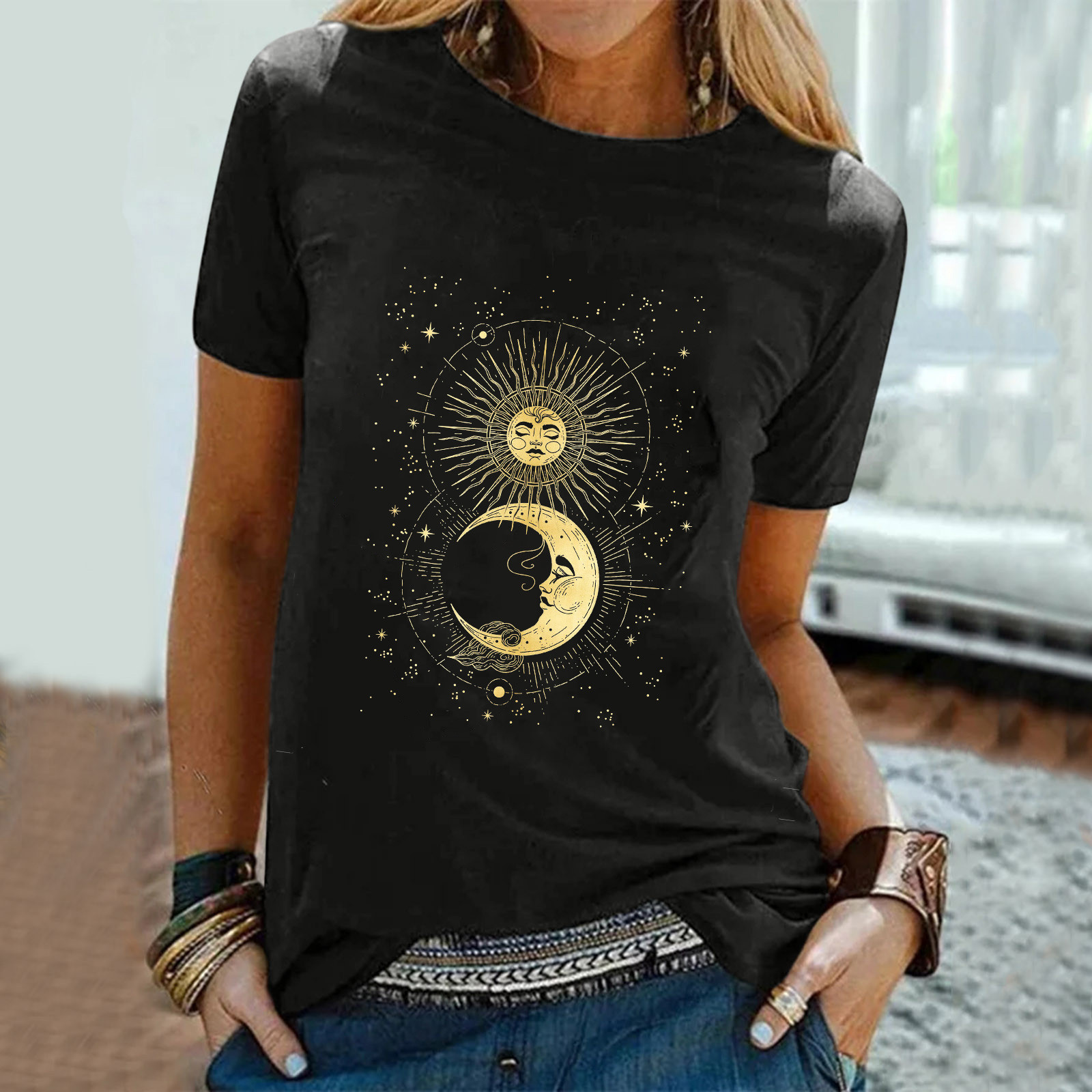 Sun Moon Star Print T Shirt Women 