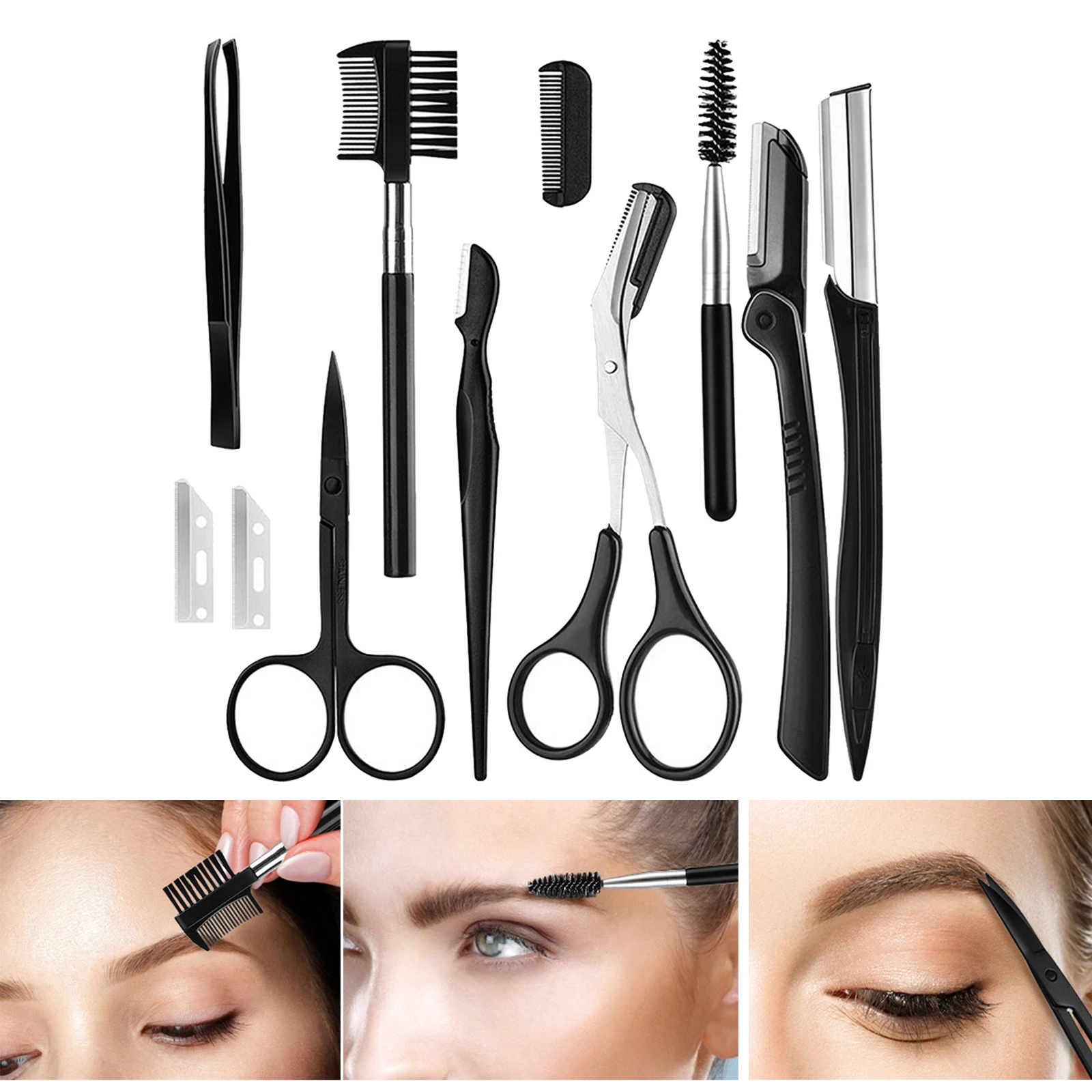 11-in-1 Eyebrow Grooming Set, Professional Tweezer & Stainless Steel Scissors Brow Razor Trimmer Eyebrow Brush