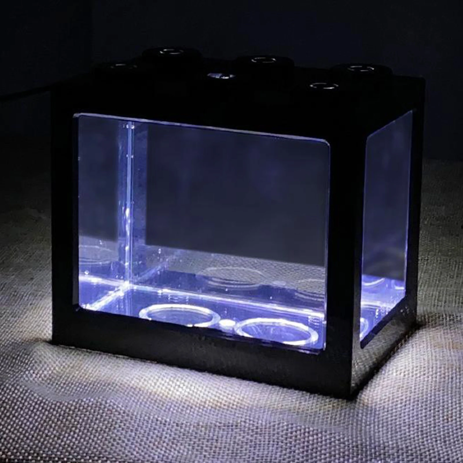 Mini Fish Tanks Betta Fish Tank Aquarium Tank Building Block Fish Bowl Office Table Decoration Home Decor LED Light Feeding Box