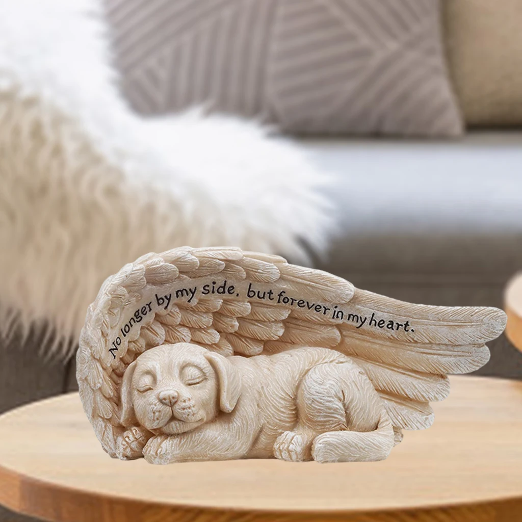 Sleeping Dog in Angel Wing Statue Pet Memorial Sculpture Grave Marker Tribute, Resin Crafts for Home Bedroom Living Room