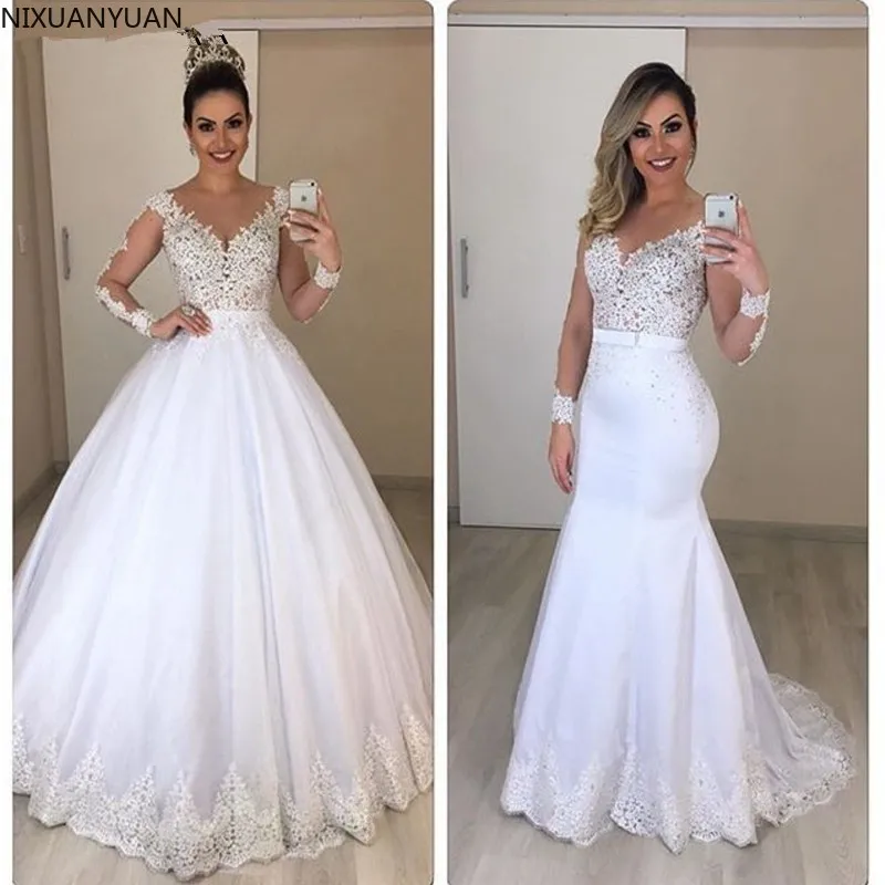 Bridal Gowns Mermaid Lace 2 In 1 Wedding Dresses Long Sleeves Detachable Train Puffy Tulle Appliques Vestido De Novia affordable wedding dresses