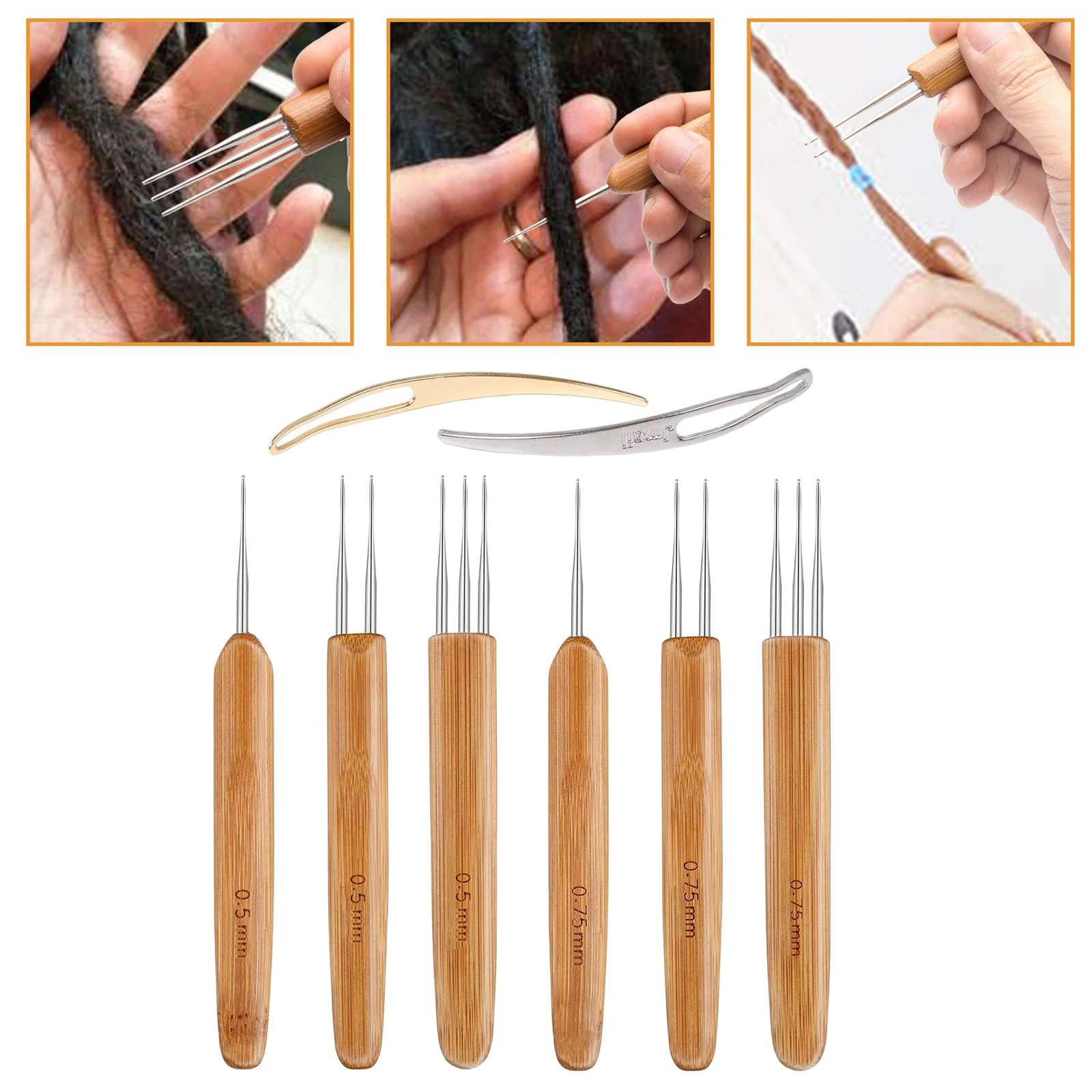 8x Dreadlock Crochet Needle Hook Bamboo Handle Hooks Hair Braiding Tool