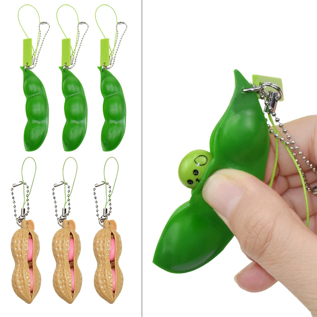 6pcs Squeeze Edamame Bean Peanut Stress Relief Toys Anti-Anxiety Pea Pod Fidget Toy Infinite Squeeze Peanut Keychain 