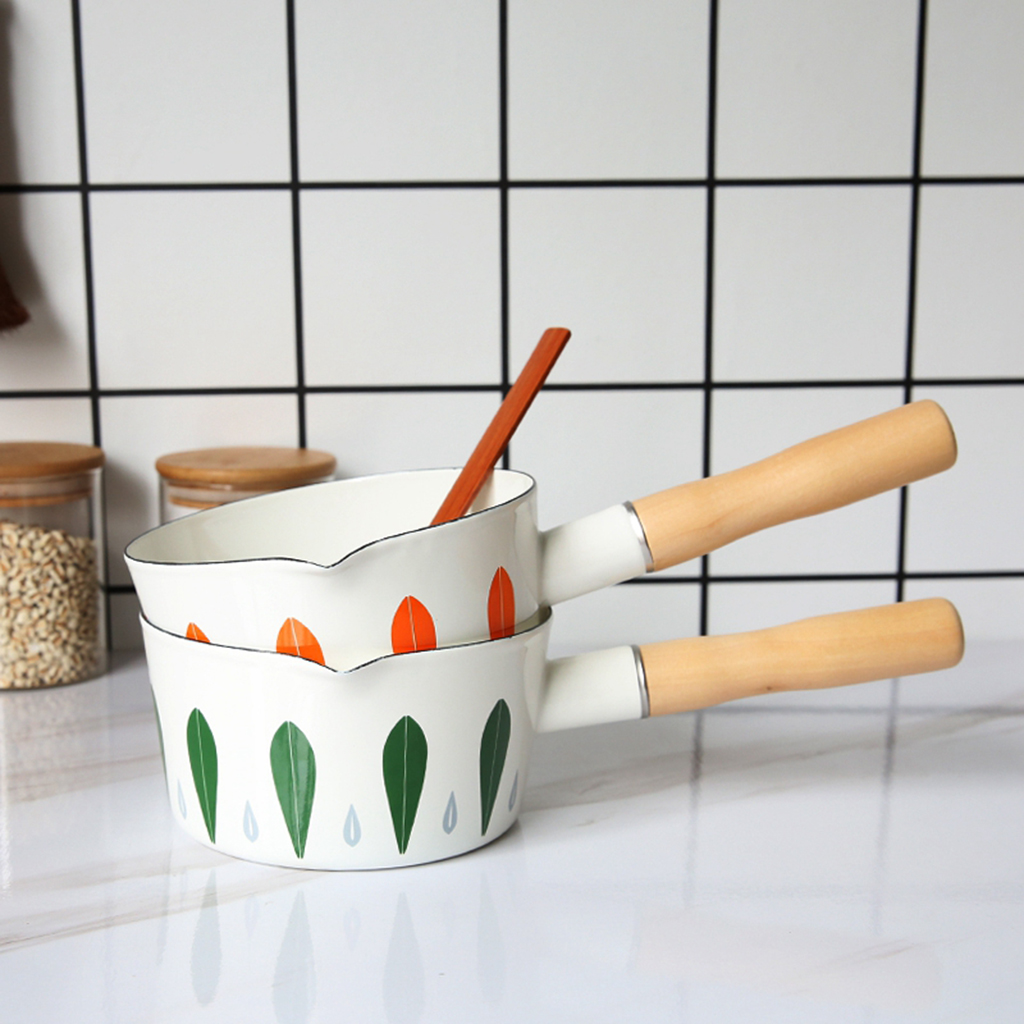 Saucepan 1L Enamel Milk Pot Wooden Handle Small Pot Oil Fryer Kitchen Utensils, No Lid