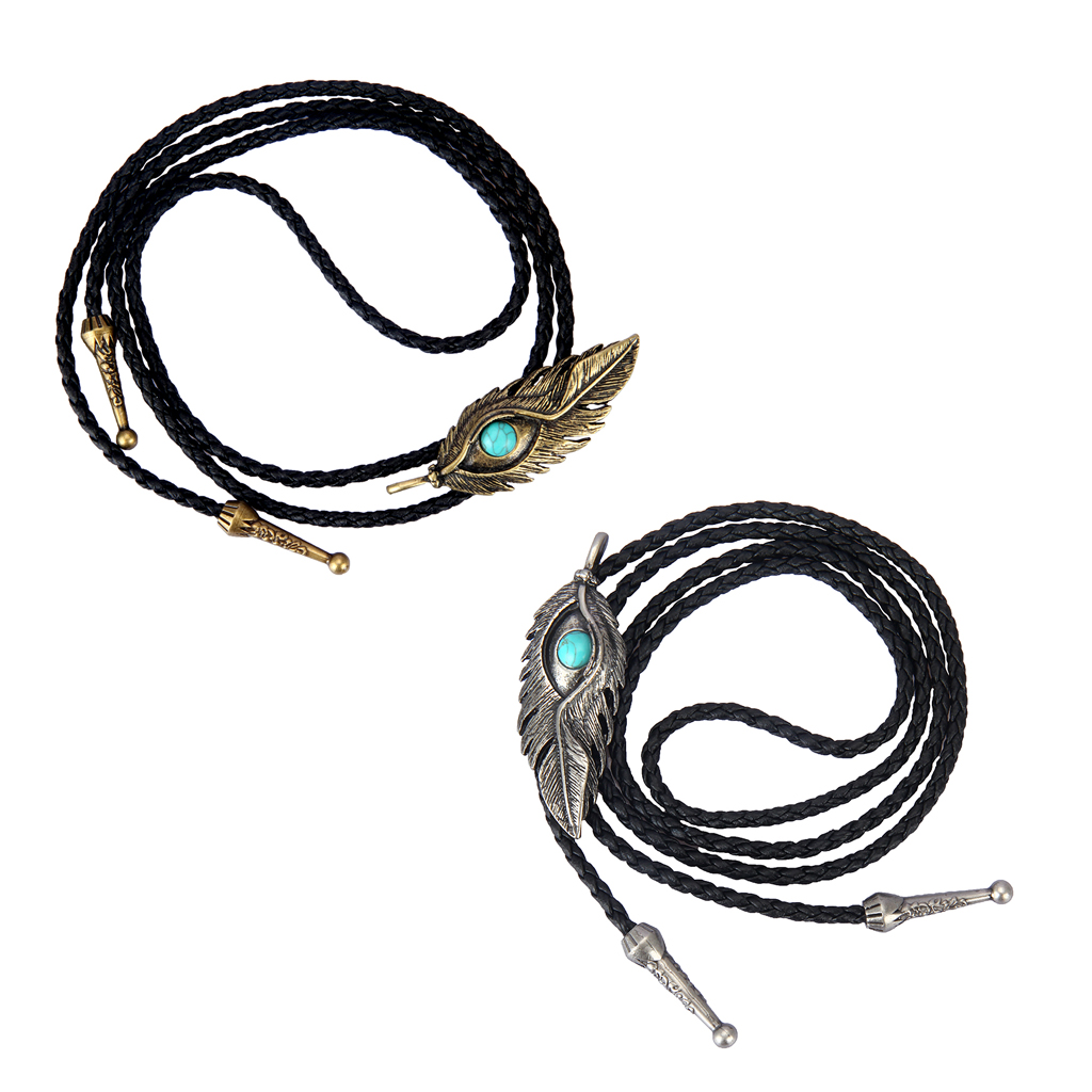 Feather Shape Pendant Bolo Tie Leather Necktie Western Cowboy Cowgirl Rodeo Necklace Gift