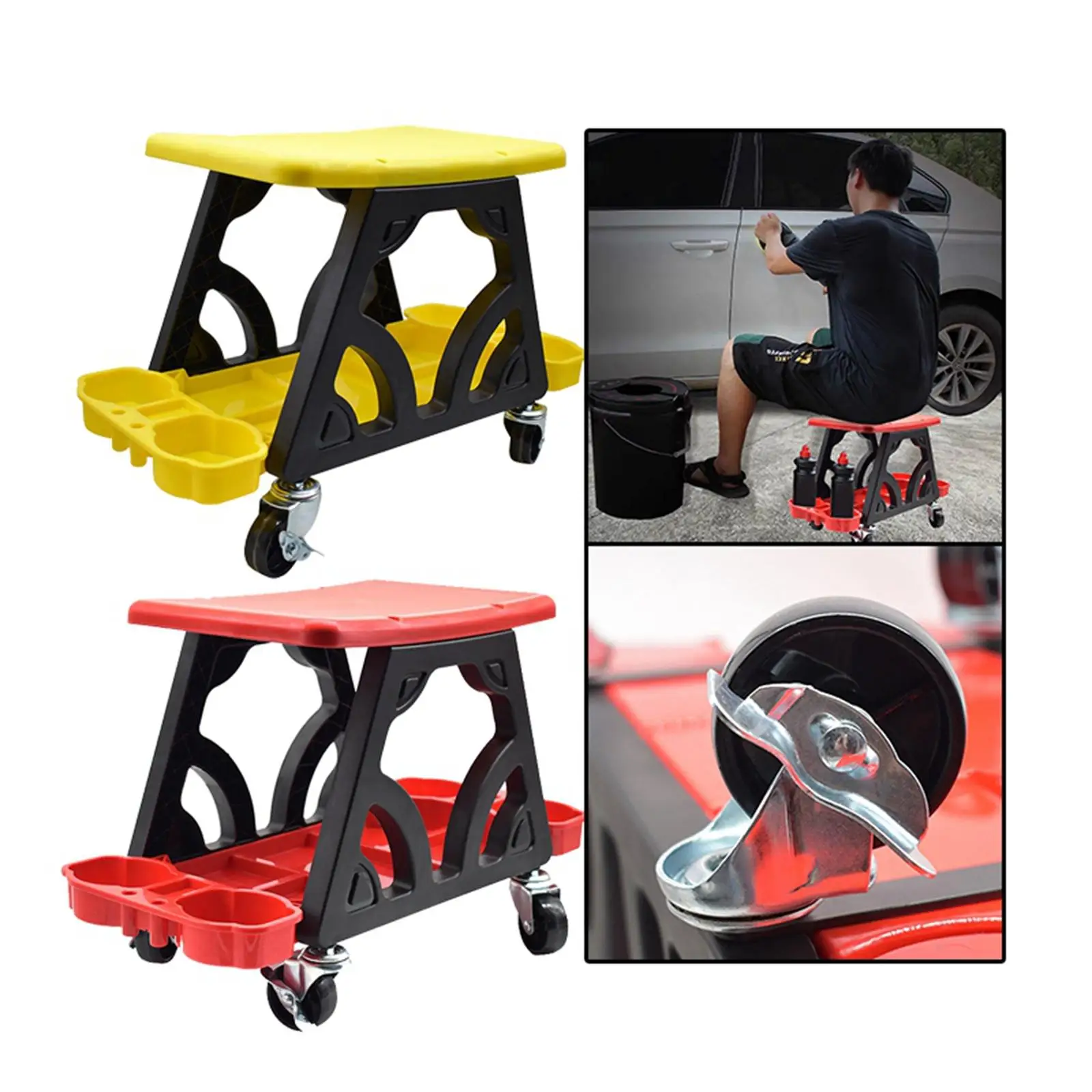 Car Detailing Stool Chair Wheels Roller Creeper Seat with Storage Holder for Wax Polishing Projects