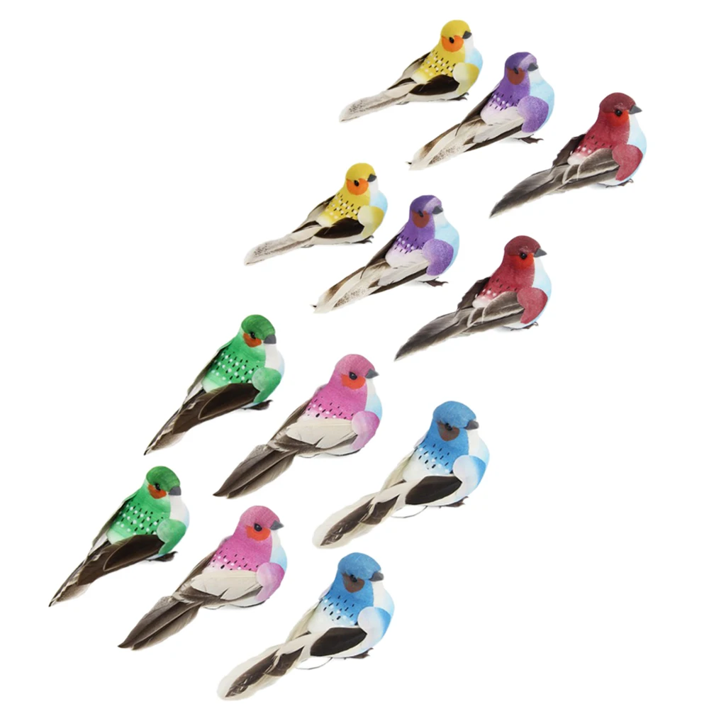 12 Pieces Multicolored Artificial Feathered Foam Birds, DIY Crafts Ornament, for Tree / Plants / Bonsai Decoration