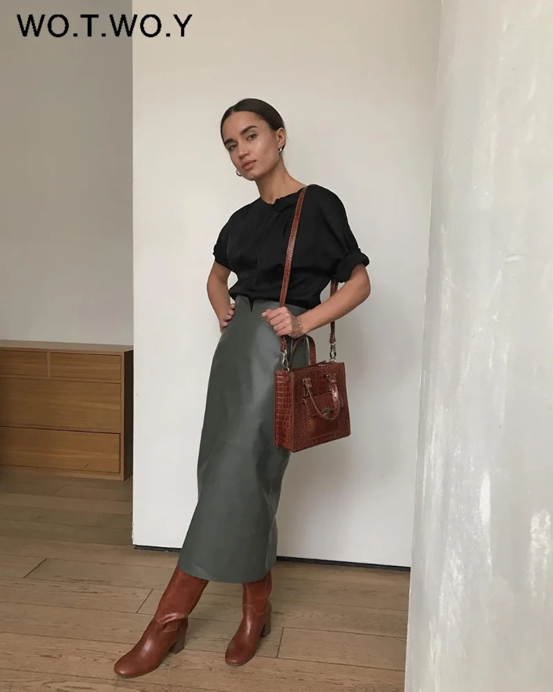 WOTWOY Office Lady High-Waisted Leather Skirt Women Spliced Mid-Long Wrapped Pencil Skirt Female Zipper-Up Solid Autumn Skirts