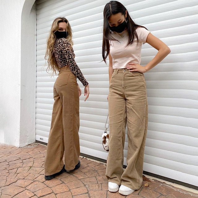 Fashion (05 Brown)Women Autumn Winter Vintage Corduroy Solid Wide Leg Pants  Casual Slim Fit Ladies Pocket Trousers Streetwear Fashion Female Pants DOU  @ Best Price Online