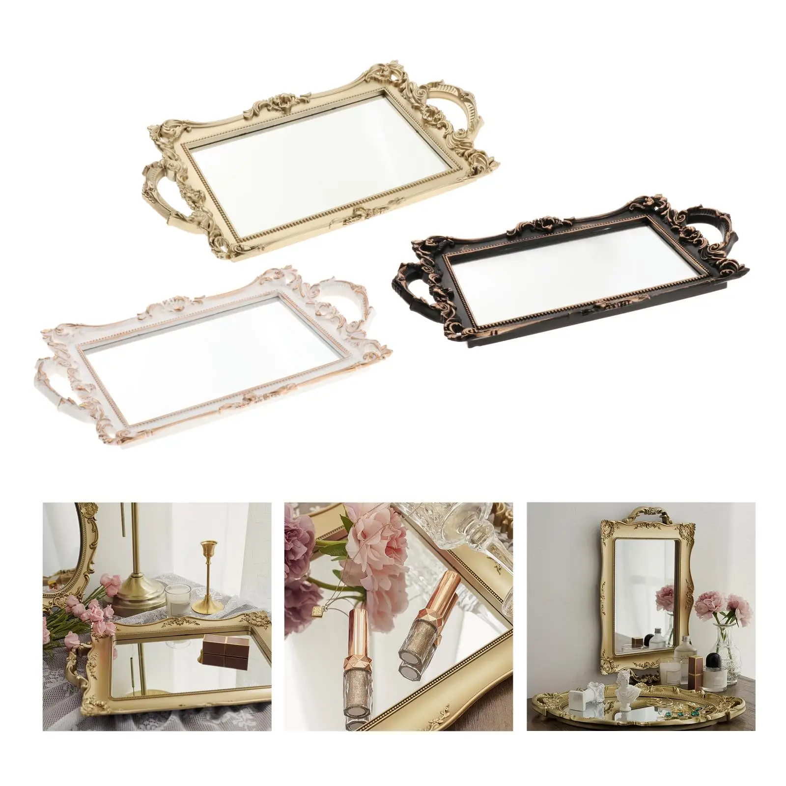 Mirrored Vintage Vanity Makeup Tray Ornate Jewelry Trinket Tray Organizer Cosmetic Perfume Serving Tray Home Dresser Decor