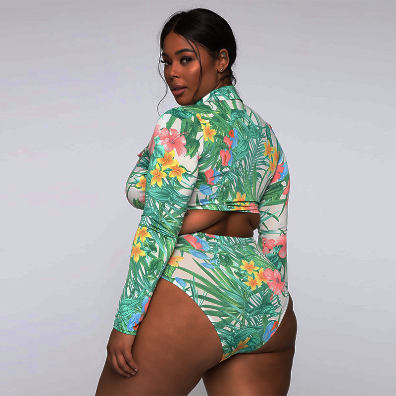 Maiô de Duas Peças de Banho Tamanho Grande Feminino Folha Impressão Monokini Cintura Alta Maiô 2021 Verão Manga Longa Beachwear S-5xl 16 alta maiô 2021 verão manga longa beachwear