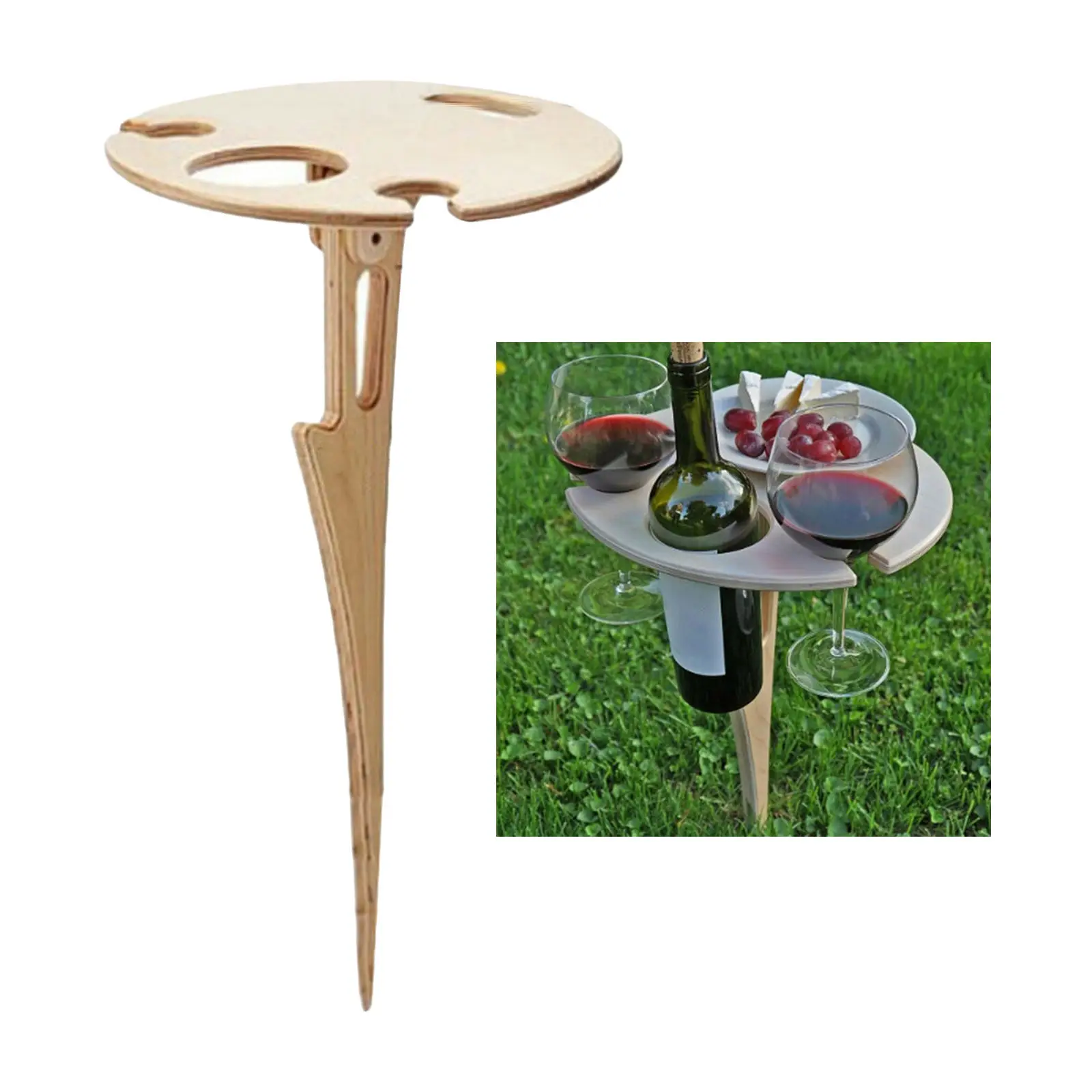 Portable Outdoor Wine Table, Beach Sand Grass Wooden Wine Bottles Wine Cups Support Rack Holder, Snack & Cheese Tray
