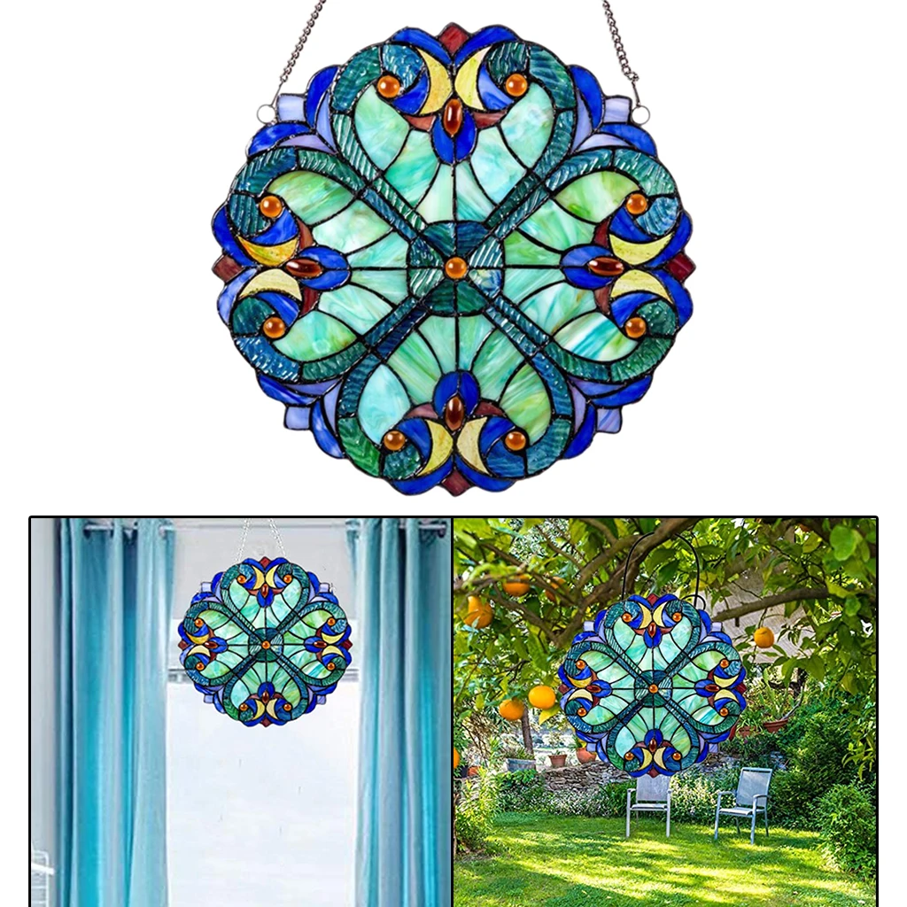 Colorful Stained Glass Window Hanging Sun Catcher Blue Light Garden Decor 10inch 
