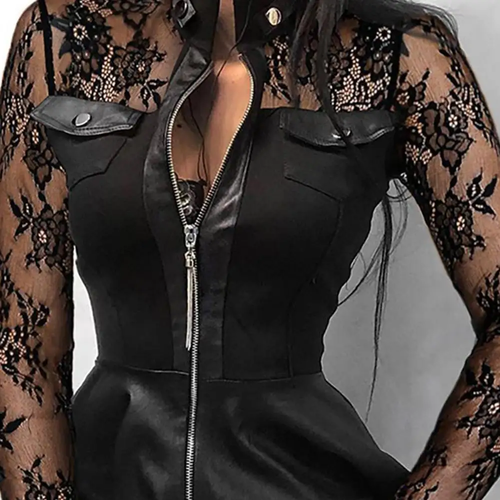 2021 Fashion Women Lace Long Sleeve Zipper Pocket Large Hem Faux Leather Mini Dress Women's Clothing женское платье vestidos 5XL zara dresses